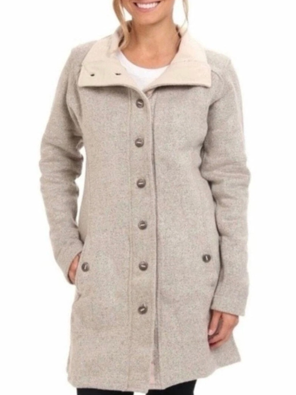 KÜHL Highland Long Alfpaca Fleece Coat Oatmeal Heather Toggle Button Longline